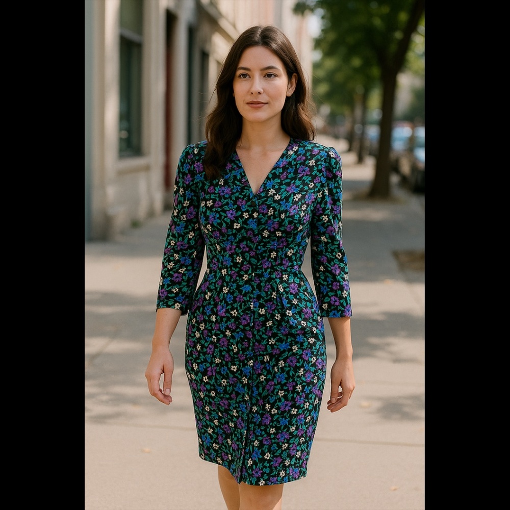 Vintage Floral Black and Purple Women's Dress